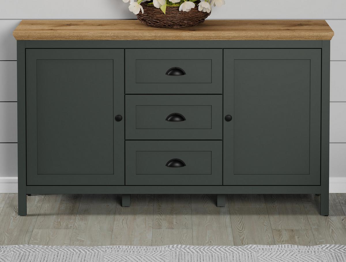 SIDEBOARD grün, Evoke Eiche Landhaus 146 x 86 cm, Kommode für Wohn- und Esszimmer - Eichefarben/Schwarz, Holzwerkstoff/Kunststoff (146/86/45cm) - Top.Furn
