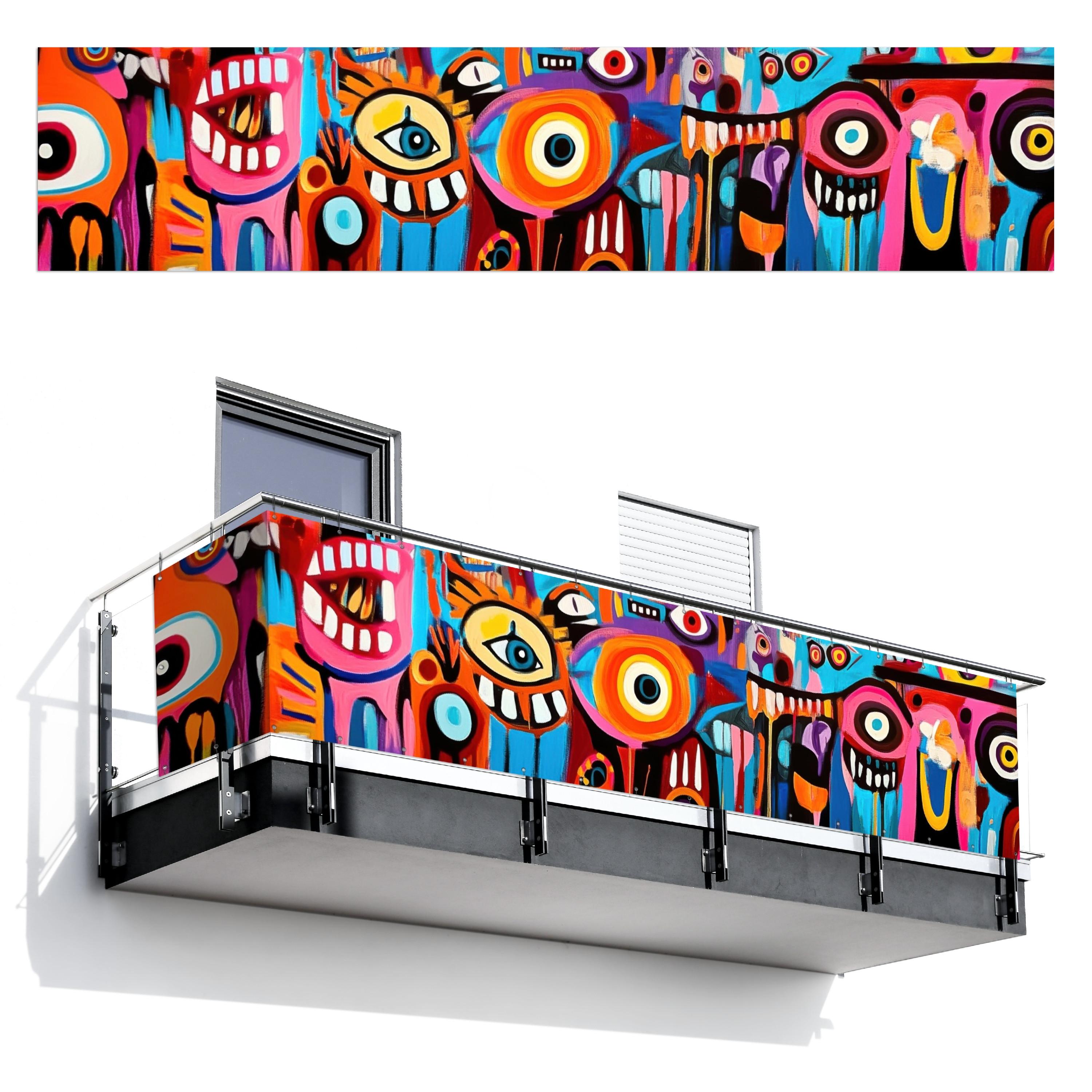 BALKON-SICHTSCHUTZ Abstrakt - Gesicht - Farbenfroh Deko XXL 500x110 cm - Multicolor, Kunststoff (500/110cm) - MuchoWow
