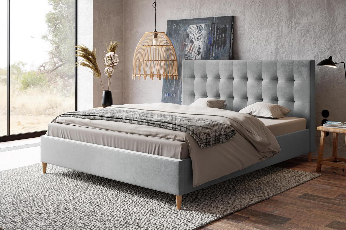 POLSTERBETT LUX Rio mit Kopfteil, 120 x 200 cm, Doppelbett mit Lattenrost aus Holz, Velourstoff Grau, Füße in Farbe: Braun - Grau, Holz/Textil (120/200cm) - Alpi-Möbel