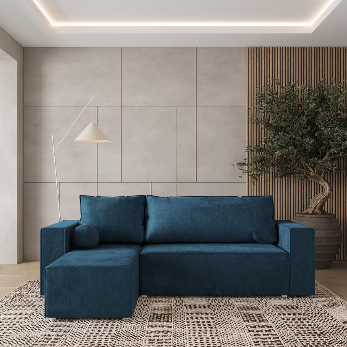 ECKSOFA RAVELO M Blau Velours-Stoff mit Schlaffunktion - Blau/Grau, Holz/Kunststoff (240/140cm) - MASSENO