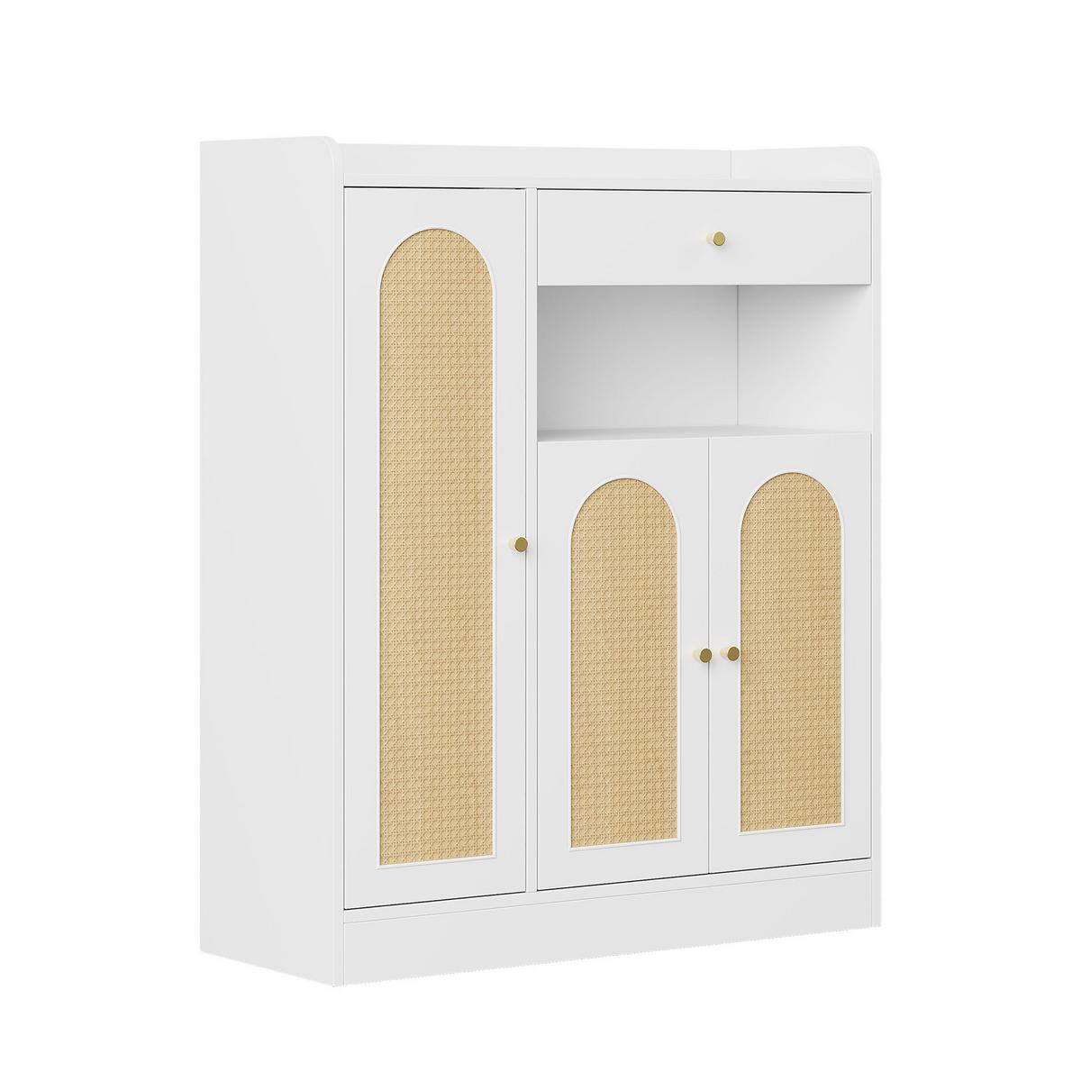 SCHUHESCHRANK Rattan Weiß & Natur Mit 3 Türen & 1 Schublade - Weiß, Holzwerkstoff (90/110/35cm) - Urban Meuble