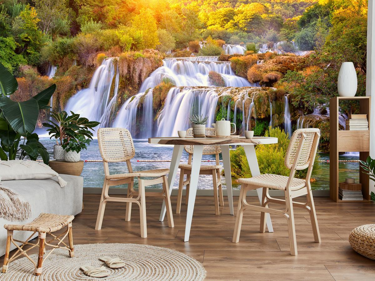 FOTOTAPETE für Esszimmer Wasserfall Sonnenaufgang Morgenlicht Bäume 300x210 - Gelb/Beige, Papier (300/210cm) - Muralo