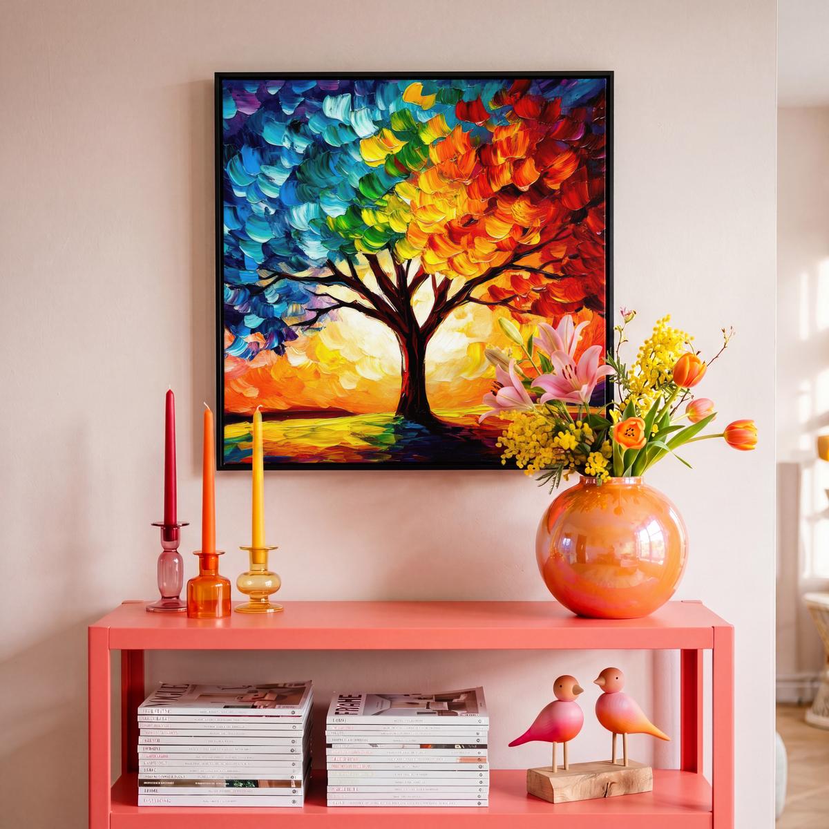 LEINWAND Bilder mit Rahmen - Baum - Kunst - Natur - Sonnenuntergang - 50x50 - Multicolor, Textil (50/50cm) - MuchoWow
