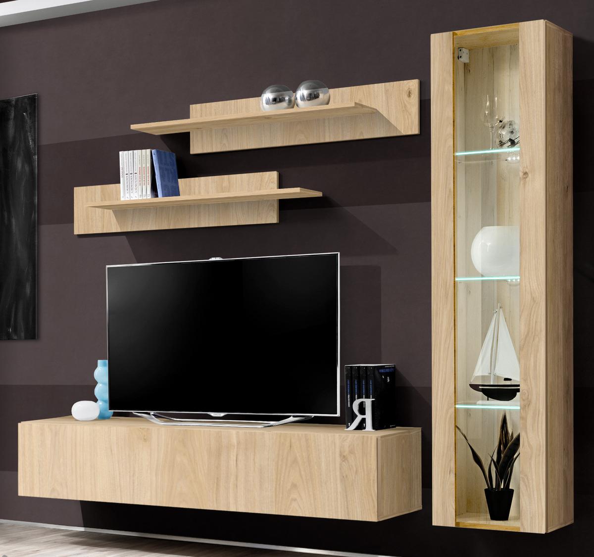 WOHNWAND Eiche Jackson 210 cm 4-teilig hängend, Anbauwand mit LED-Beleuchtung - Eichefarben, Glas/Holzwerkstoff (210/170/40cm) - Inn.Furn