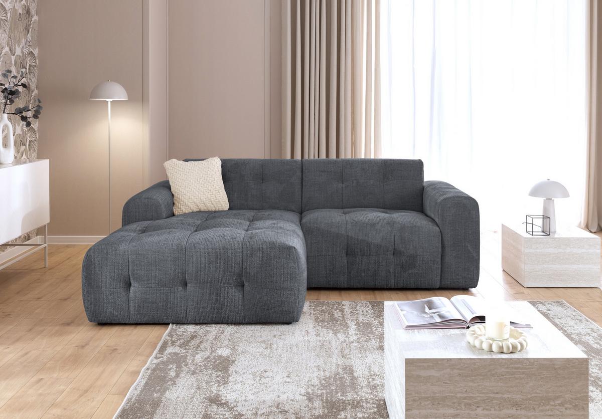 ECKSOFA mit Ottomane links, raffinierten Steppungen, Wellenunterfederung, B234/T161/H79 cm, Chenille-Bezug in Grau / 21046 - Schwarz/Grau, Kunststoff/Textil (234/79/161cm) - luma-home