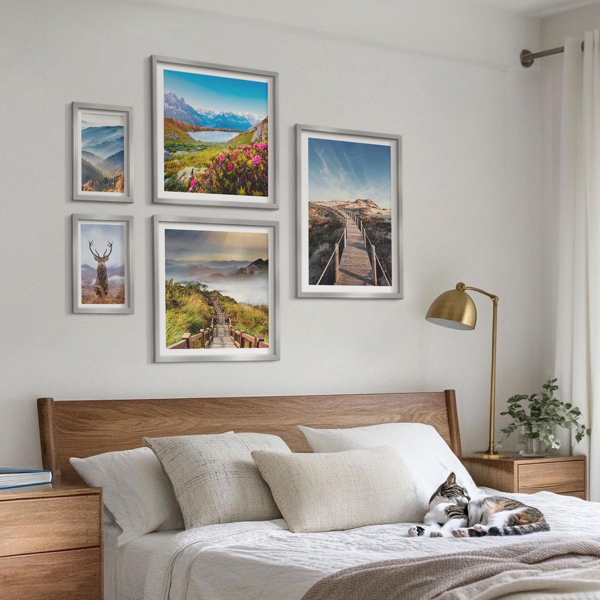 BILDER SET 5er Set - 50x50 cm & 20x30 cm & 40x60 cm Silberner Rahmen - Berglandschaft, See, Hirsche - Silberfarben, Kunststoff (40/60cm) - TULUP
