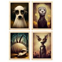 POSTER Set mit 4 Hunde im T Burton Goth Stil A3 Rahmen aus hellem Holz - Beige, Papier (29.7/3cm) - Nacnic