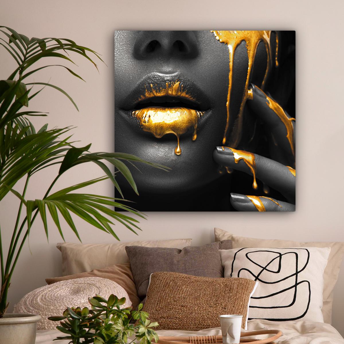 LEINWANDBILD Frau - Schwarz - Gold - Gesicht - Lippen Deko Groß 90x90 cm - Goldfarben, Textil (90/90cm) - MuchoWow