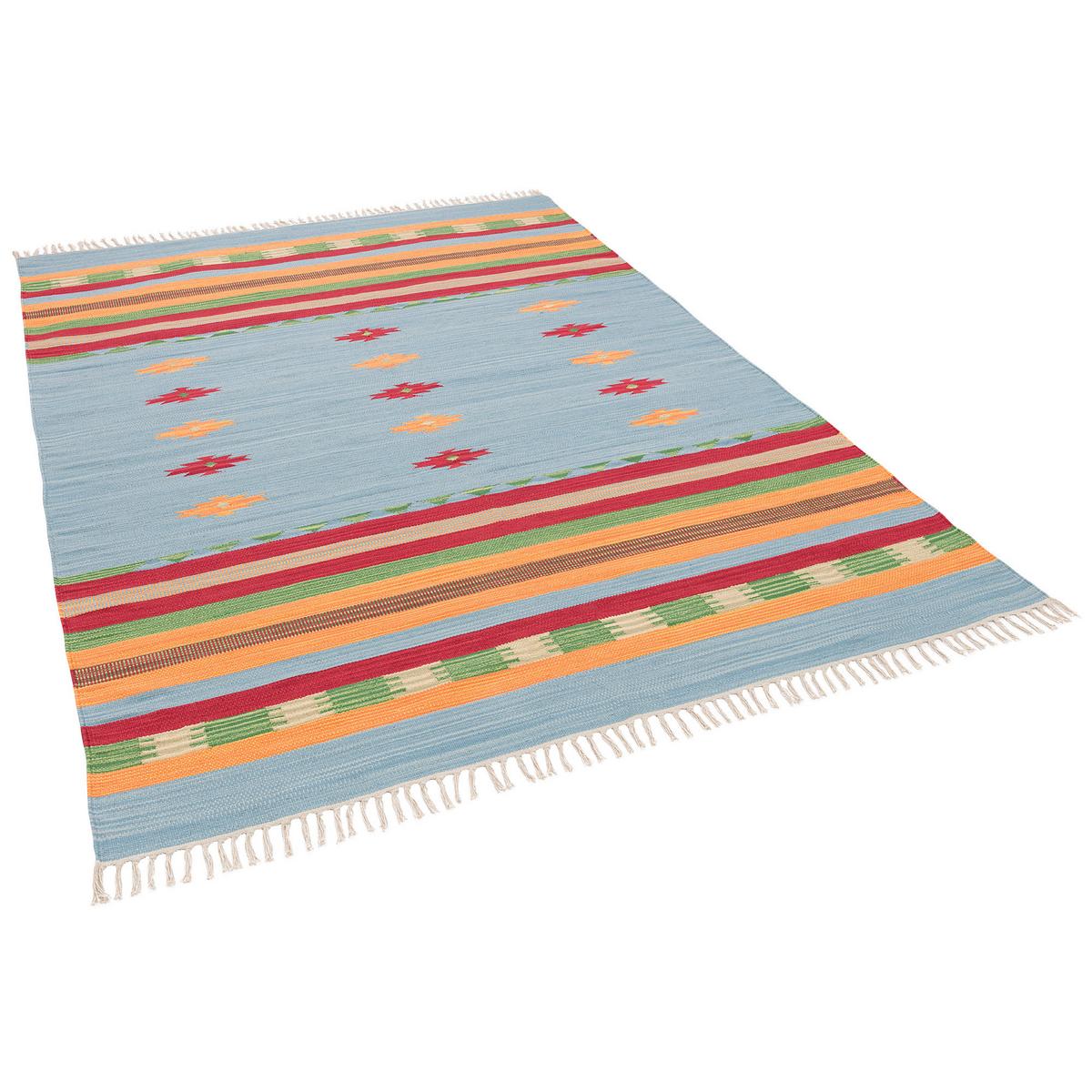 BAUMWOLLE NATUR KELIM TEPPICH LINA STRIPES - Blau, Textil (60/90cm) - Pergamon