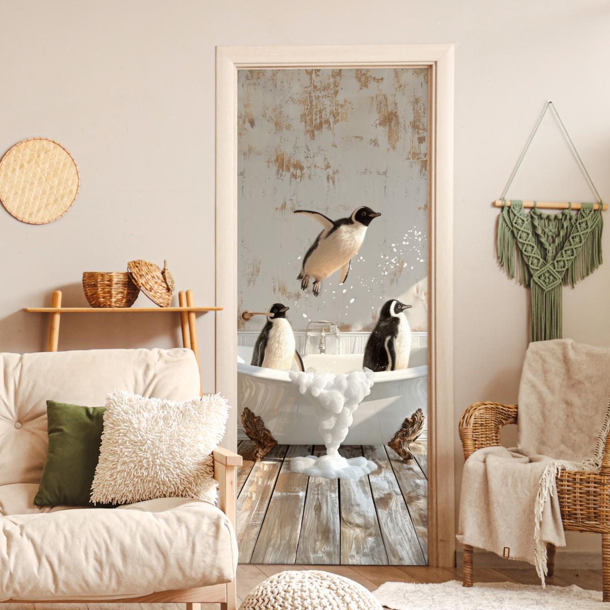 TÜRAUFKLEBER Vintage - Pinguin - Badewanne - Schaumstoff 80x215 cm - Türtapete - Hellbraun, Kunststoff (80/0.1cm) - MuchoWow