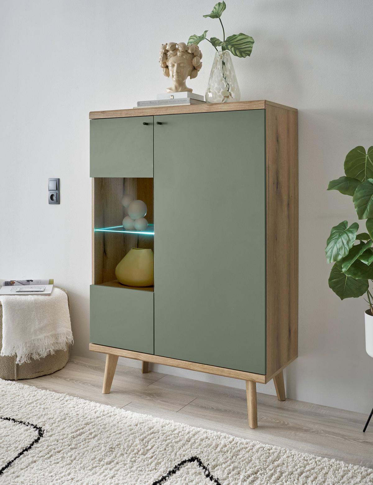 HIGHBOARD Salbei, Eiche Evoke, skandinavisch 90 x 134 cm, Kommode 2-türig mit Glaselement - Salbeigrün/Eichefarben, Glas/Holz (90/134/40cm) - Furn.Design