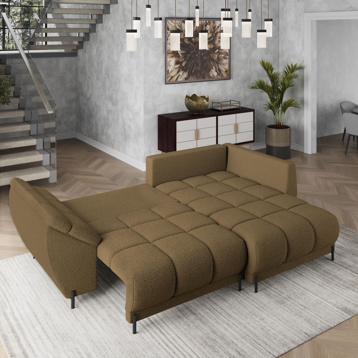 ECKSOFA VESTANO R-S Orange Boucle-Stoff mit Schlaffunktion - Orange, Holz (287/182cm) - MASSENO