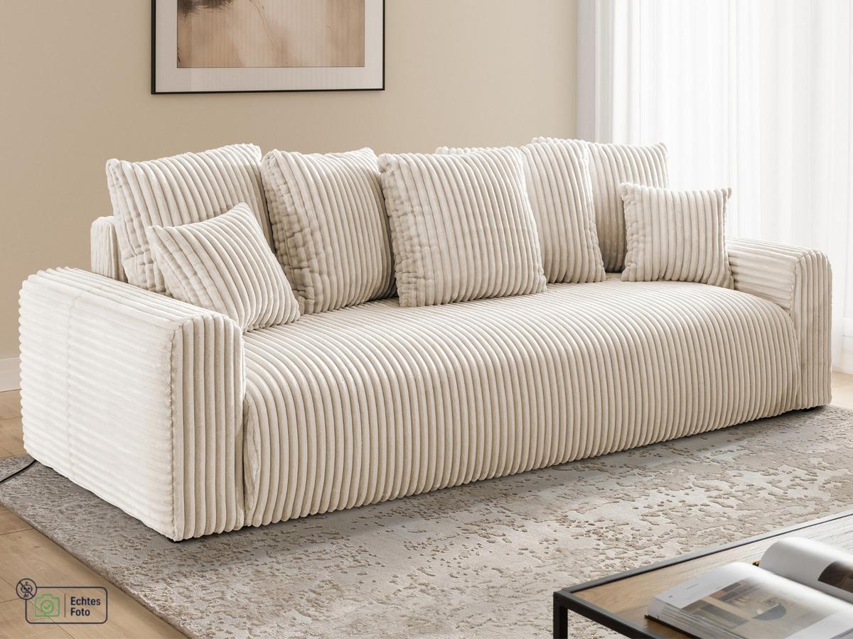 SCHLAFSOFA Calma mit Bettkasten im Bumpy-Design aus weichem Creme Plüschcord - Creme/Schwarz, Holz/Kunststoff (239/88/98cm) - S-Style
