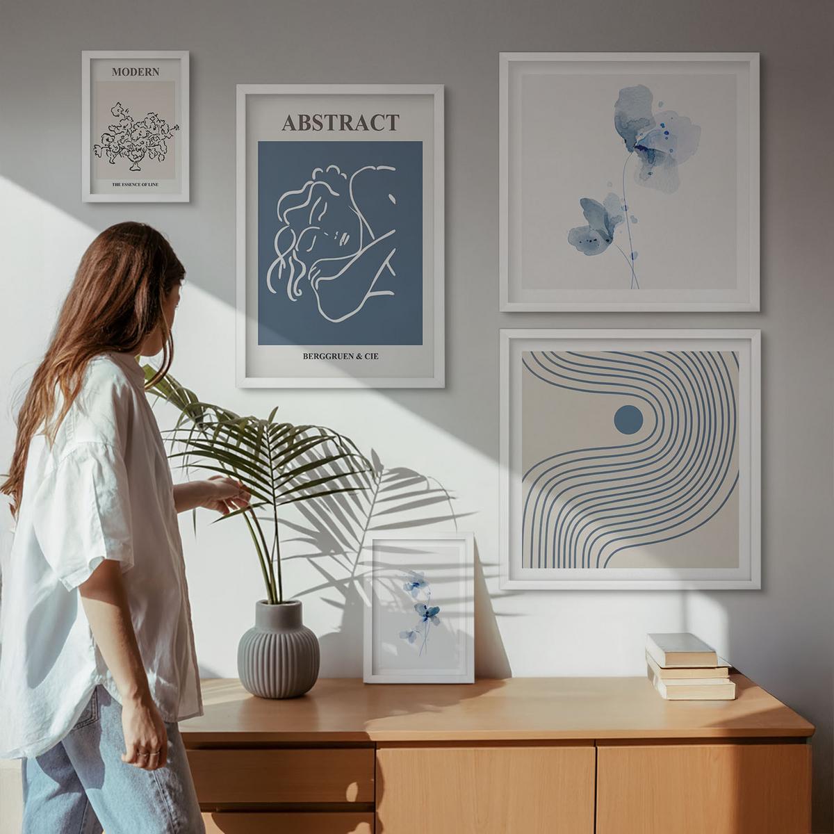BILDER SET 5er Set - 50x50 cm & 20x30 cm & 40x60 cm Weißer Rahmen - abstrakte Poster mit Blumenlinien - Weiß, Kunststoff (40/60cm) - TULUP