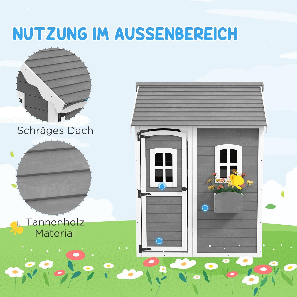 SPIELHAUS für Kinder, Indoor- und Outdoor-Haus mit Tür, Fenstern, Grau - Grau, Holz (104.5/137/110cm) - Outsunny