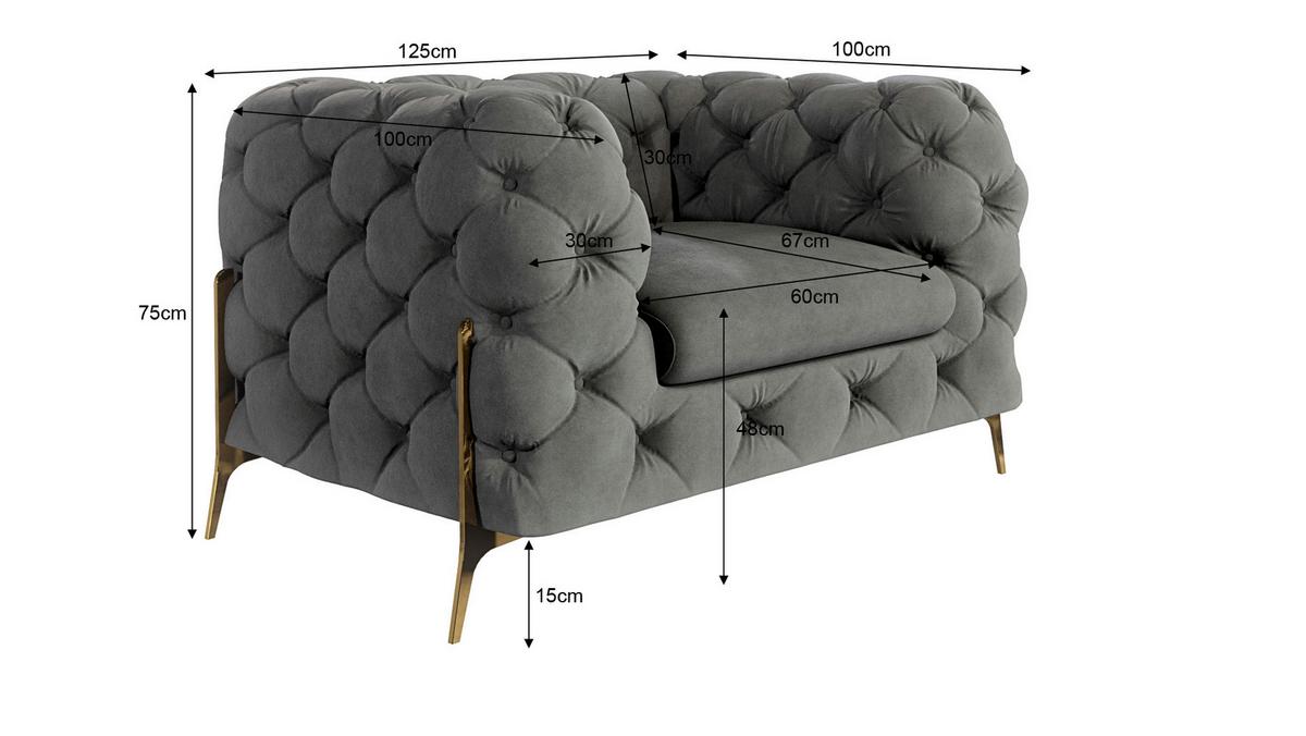 CHESTERFIELD-SESSEL Lexi Grau Samt - Goldfarben/Grau, Holz/Textil (125/75/100cm) - S-Style Möbel