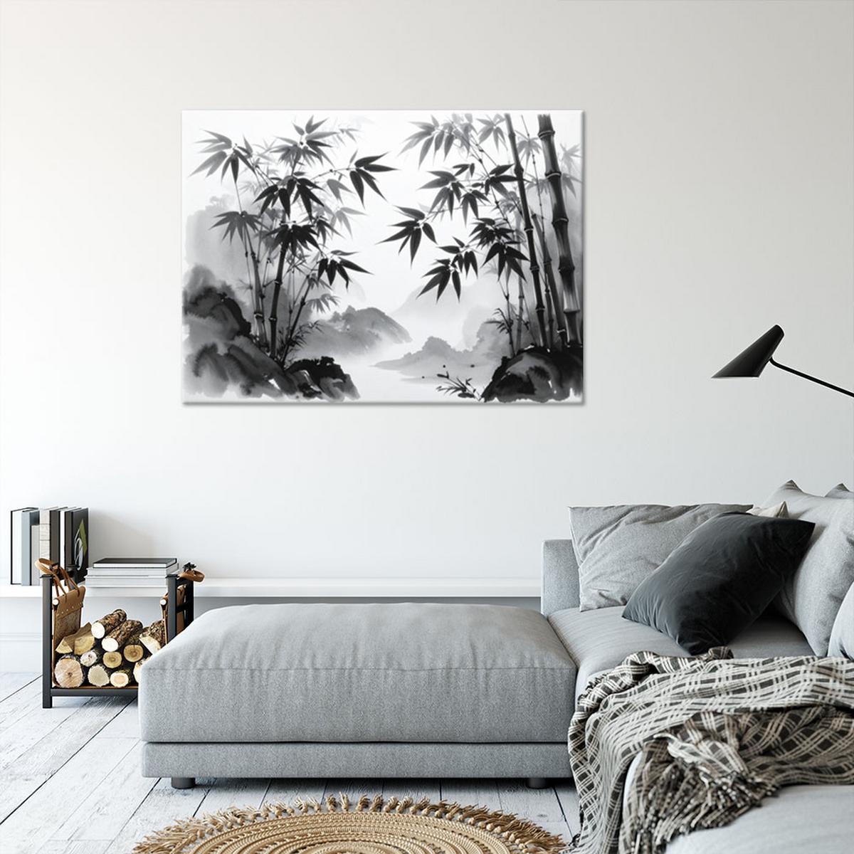 LEINWANDBILD Bambus Berge Japanische Landschaftsmalerei 100x70cm - Schwarz, Textil (100/70cm) - Feeby