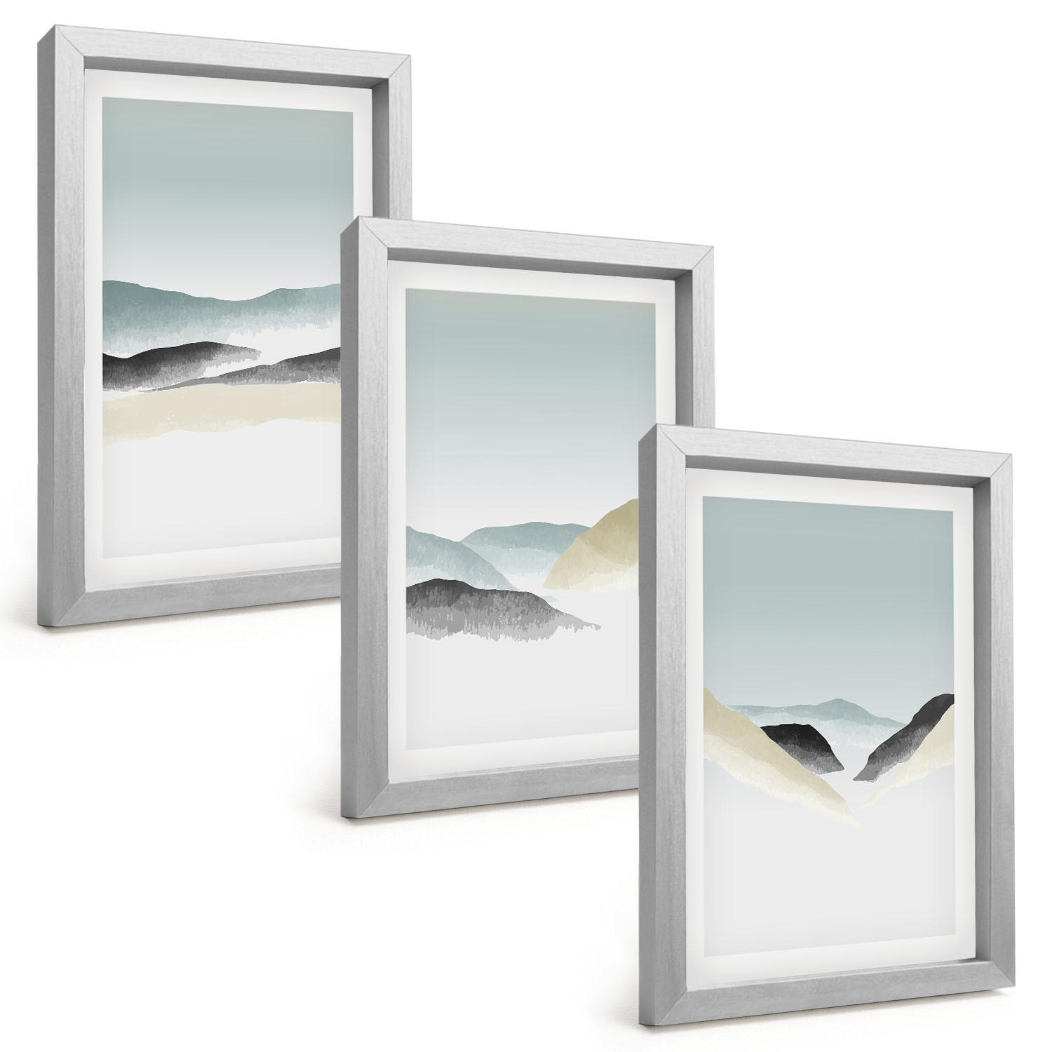 BILDER SET 3er Set - 20x30 cm Silberner Rahmen - Minimalistische Pastellberge - Silberfarben, Kunststoff (20/30cm) - TULUP