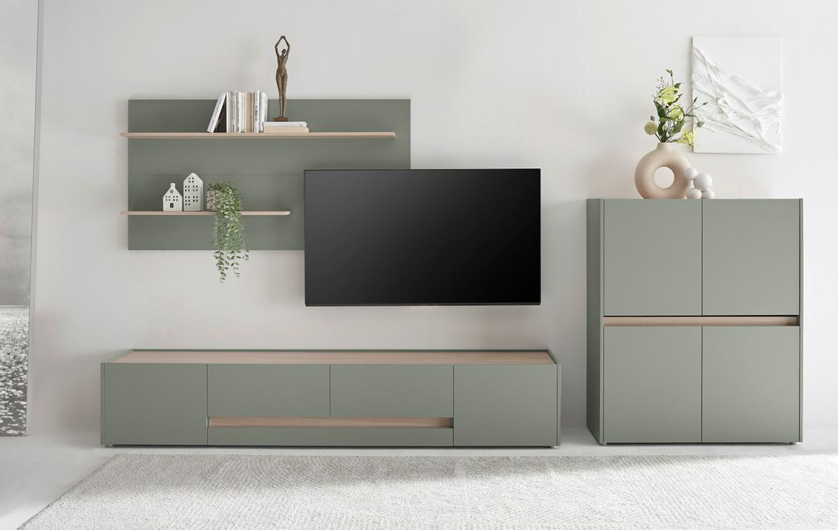 WOHNWAND 3-teilig Salbei grün, Barista Eiche 343 cm, Schrankwand in modernem Design - Salbeigrün/Eichefarben, Holzwerkstoff/Kunststoff (343/180/45cm) - Furn.Design