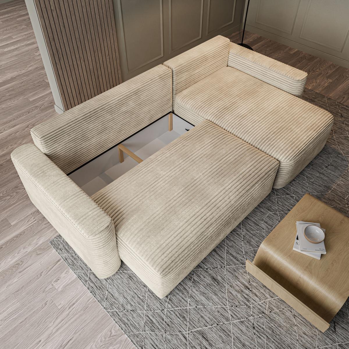 ECKSOFA NERI T Creme Kordstoff mit Schlaffunktion - Creme, Holzwerkstoff/Textil (280/157cm) - MASSENO