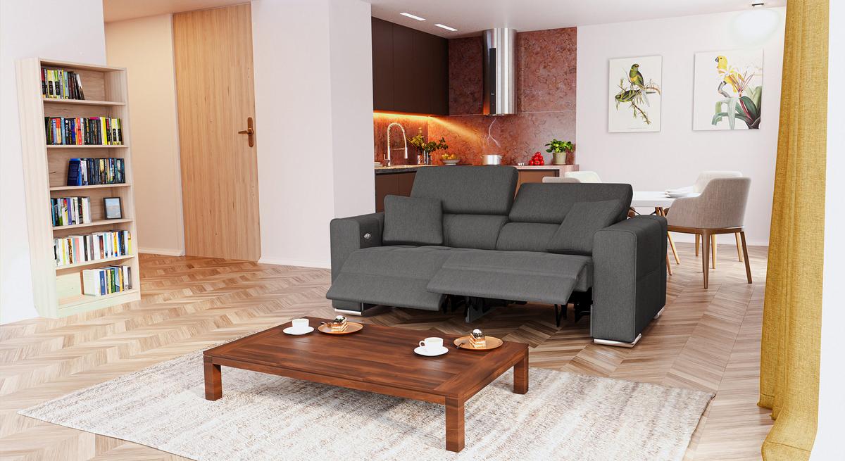 SOFA QUARTZ 3-Sitzer mit 2 Relaxfunktionen, dunkelgrau - Dunkelgrau/Silberfarben, Holzwerkstoff/Textil (204/80/102cm) - Wozimo