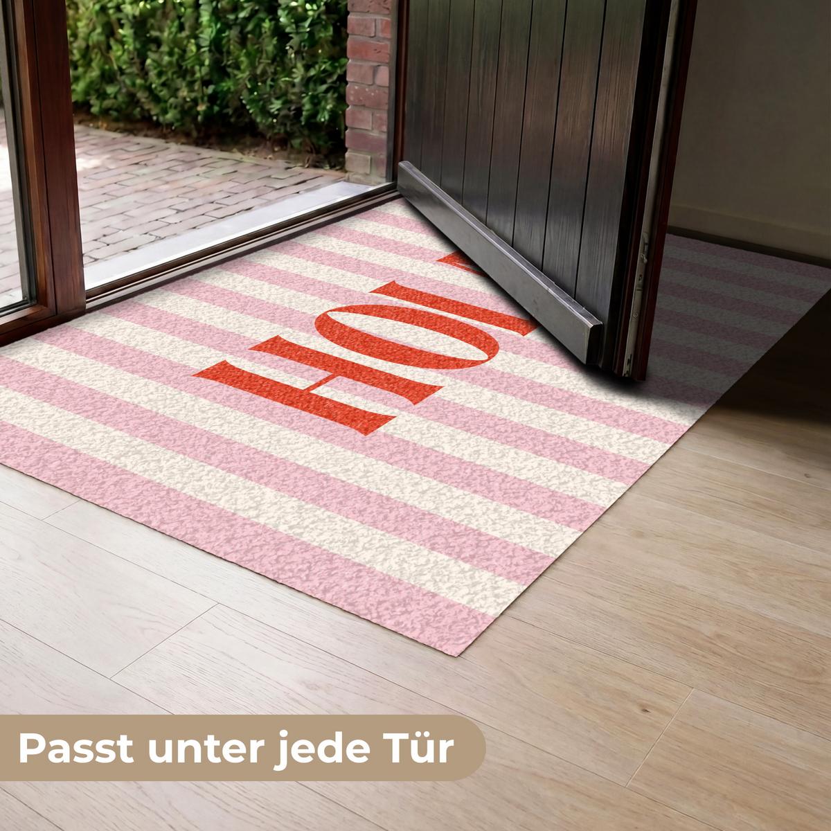FUSSMATTE Hola - Zitat - Streifen - Pastell - Rosa - Rot - Weiß Schmutzfangmatte 120x80 cm - Rosa, Kunststoff (120/0.4cm) - MuchoWow