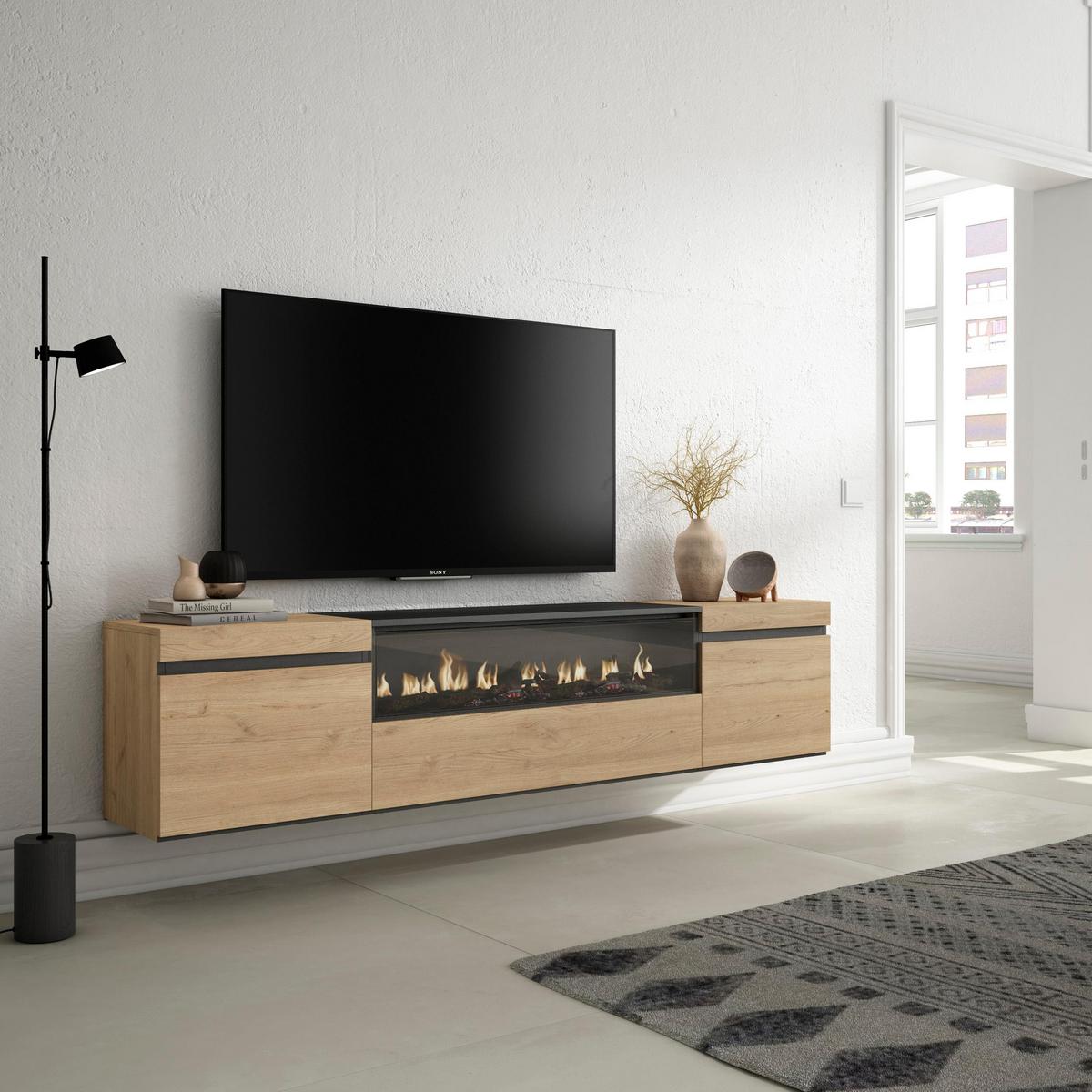 LOWBOARD mit Elektrokamin, Hängend, Eiche, Schwarz, 200/35/45cm - Eichefarben/Naturfarben, Holzwerkstoff (200/45/35cm) - Skraut Home