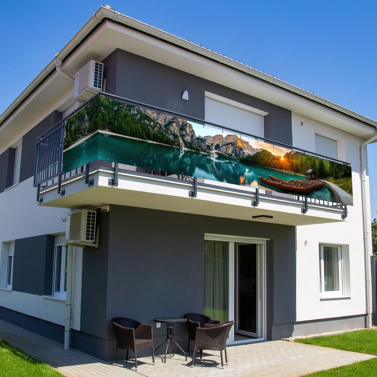 BALKON-SICHTSCHUTZ See - Berge - Sonnenuntergang - Boot Groß 500x85 cm - Petrol, Kunststoff (500/85cm) - MuchoWow