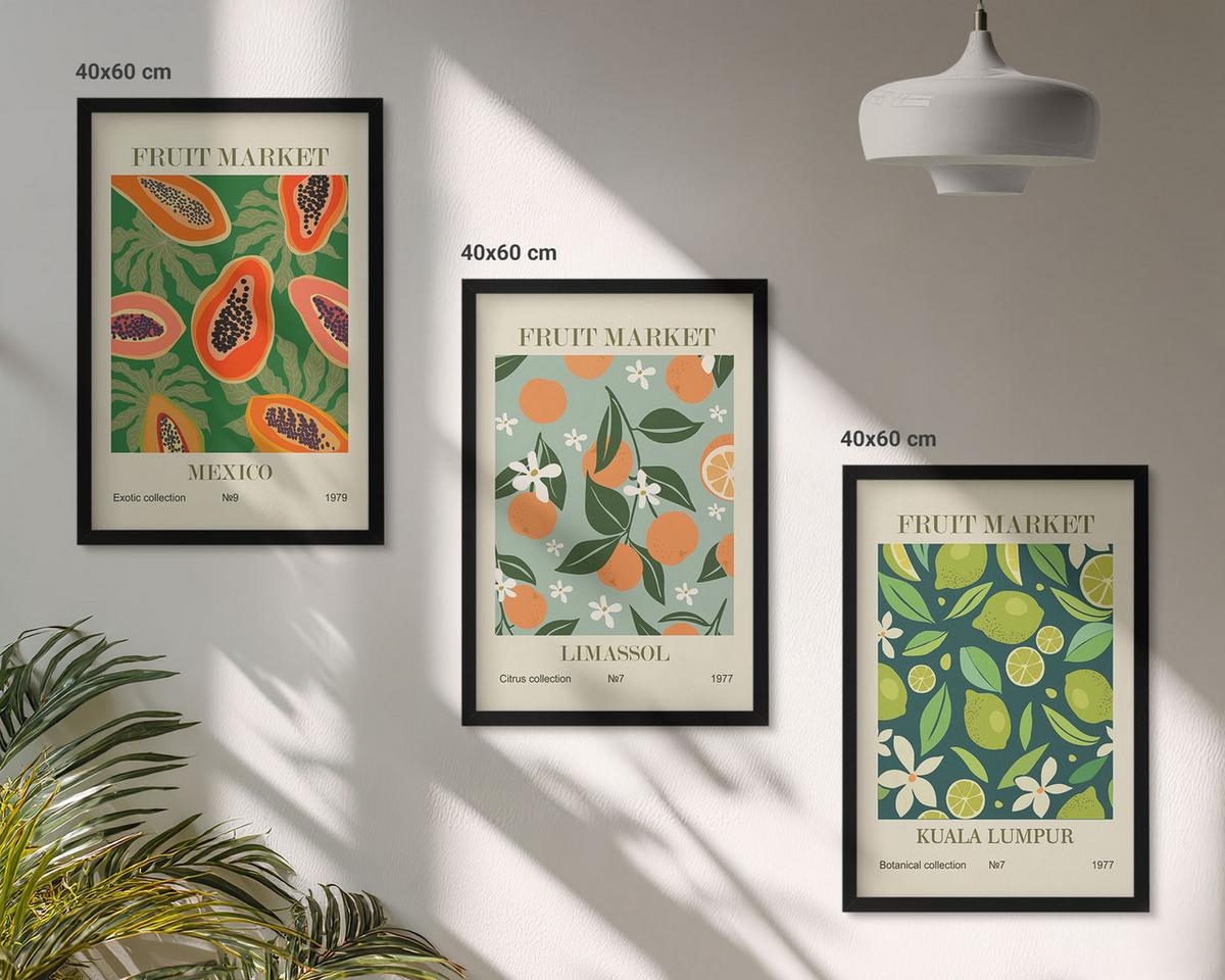 BILDER SET 3er Set - 40x60 cm Schwarzer Rahmen - Vintage-Poster mit Früchten - Schwarz, Kunststoff (40/60cm) - TULUP