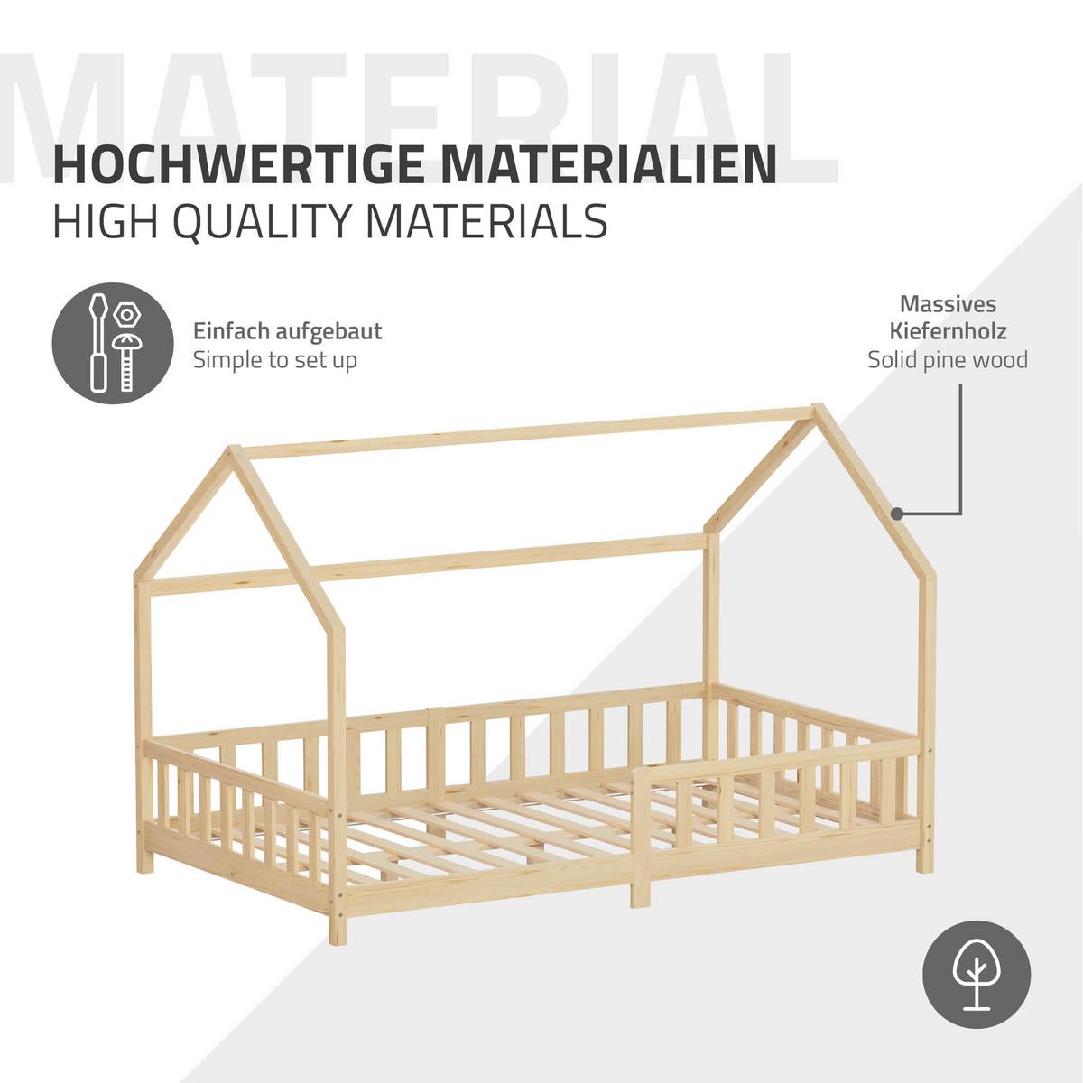KINDERBETT 120x200 cm mit Rausfallschutz Natur aus Kiefernholz massiv - Naturfarben, Holz (120/200cm) - ML-DESIGN
