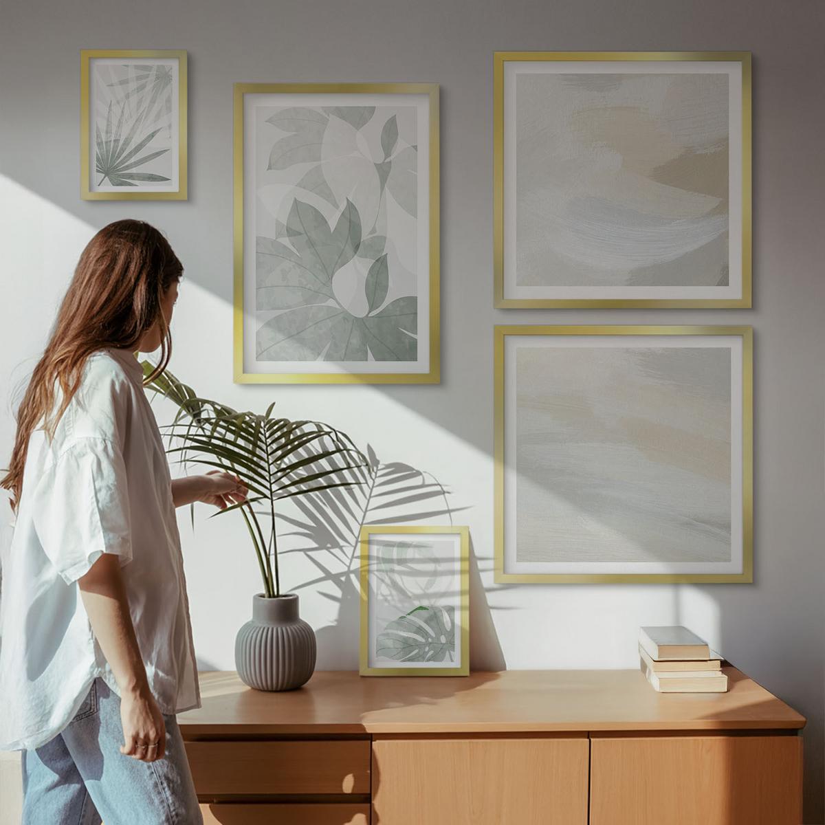 BILDER SET 5er Set - 50x50 cm & 20x30 cm & 40x60 cm Goldrahmen - Die Blätter der Pflanzen sind grünlich-grau. - Goldfarben, Kunststoff (40/60cm) - TULUP