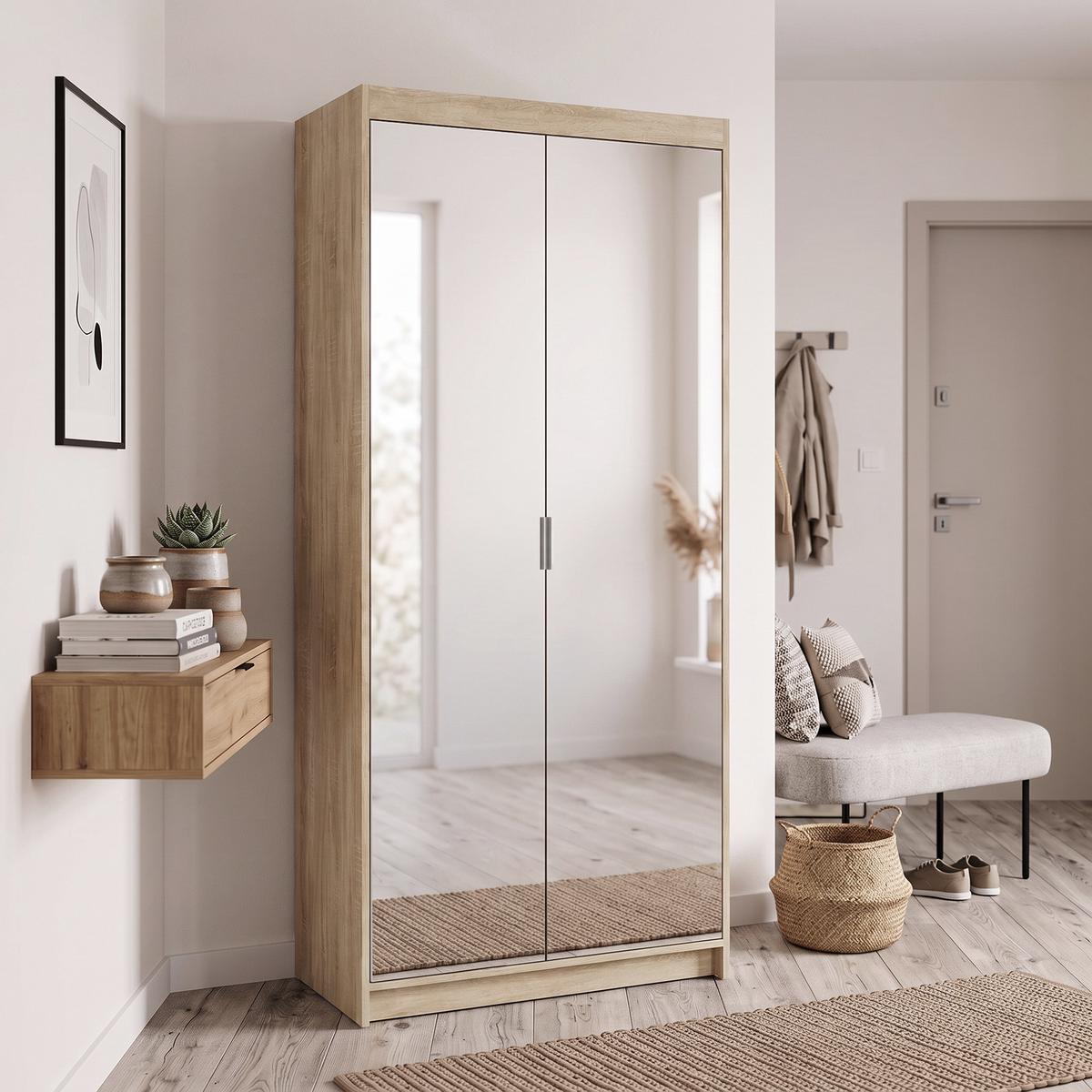 DREHTÜRENSCHRANK Elena mit 2 Türen und 2 Spiegel, 90 cm, Sonoma Eiche - Sonoma Eiche, Holzwerkstoff (90/190/53cm) - Beautysofa
