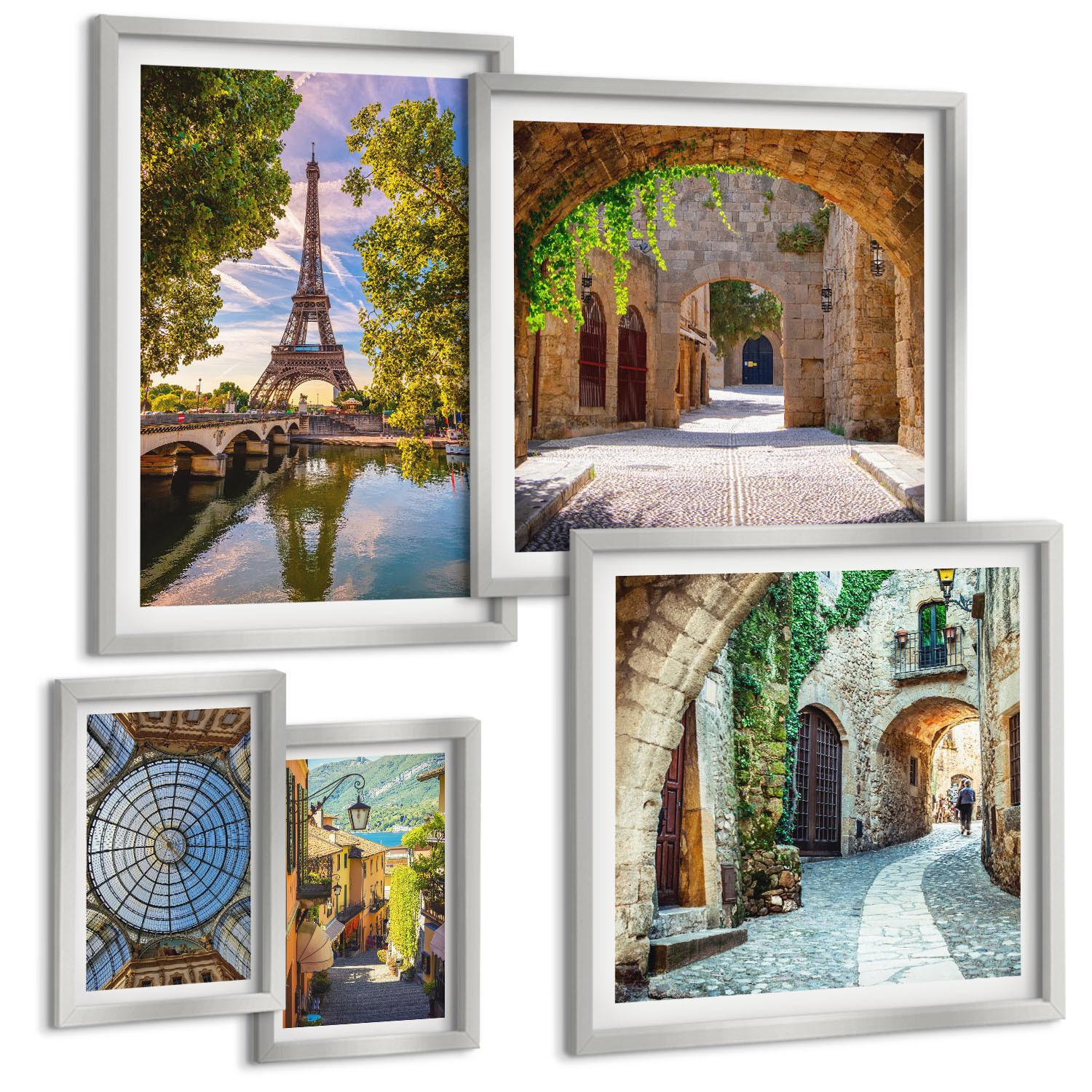 BILDER SET 5er Set - 50x50 cm & 20x30 cm & 40x60 cm Silberner Rahmen - Grüne, saftige Blätter - Silberfarben, Kunststoff (40/60cm) - TULUP