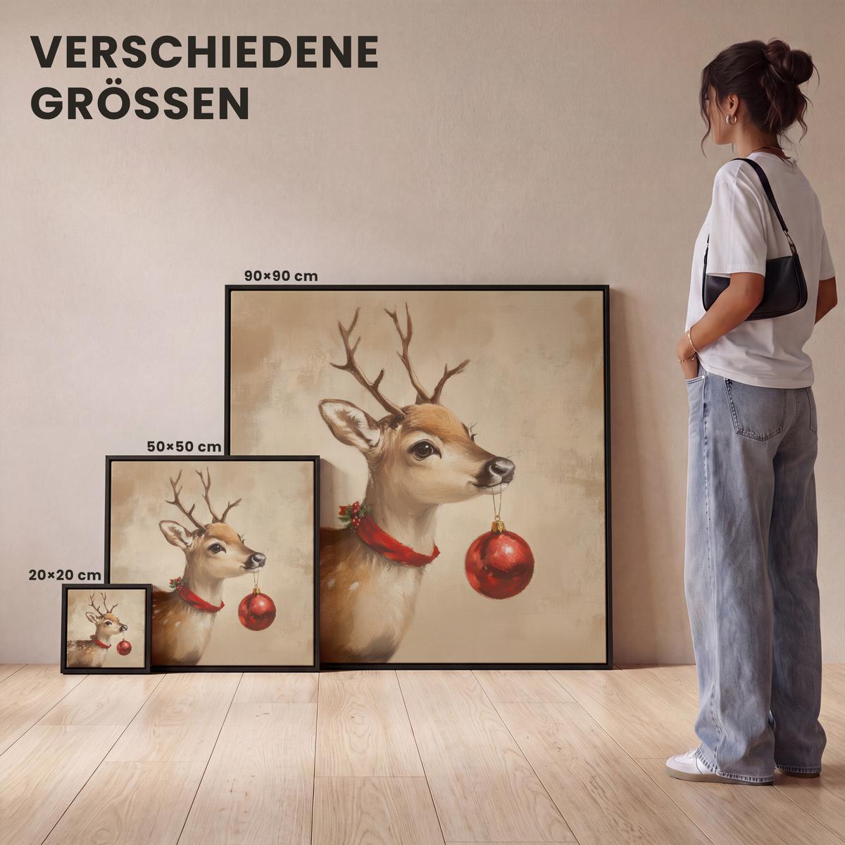 LEINWAND Bilder mit Rahmen - Weihnachten - Hirsch - Geweih - Weihnachtskugel - Rentier - 50x50 - Hellbraun, Textil (50/50cm) - MuchoWow