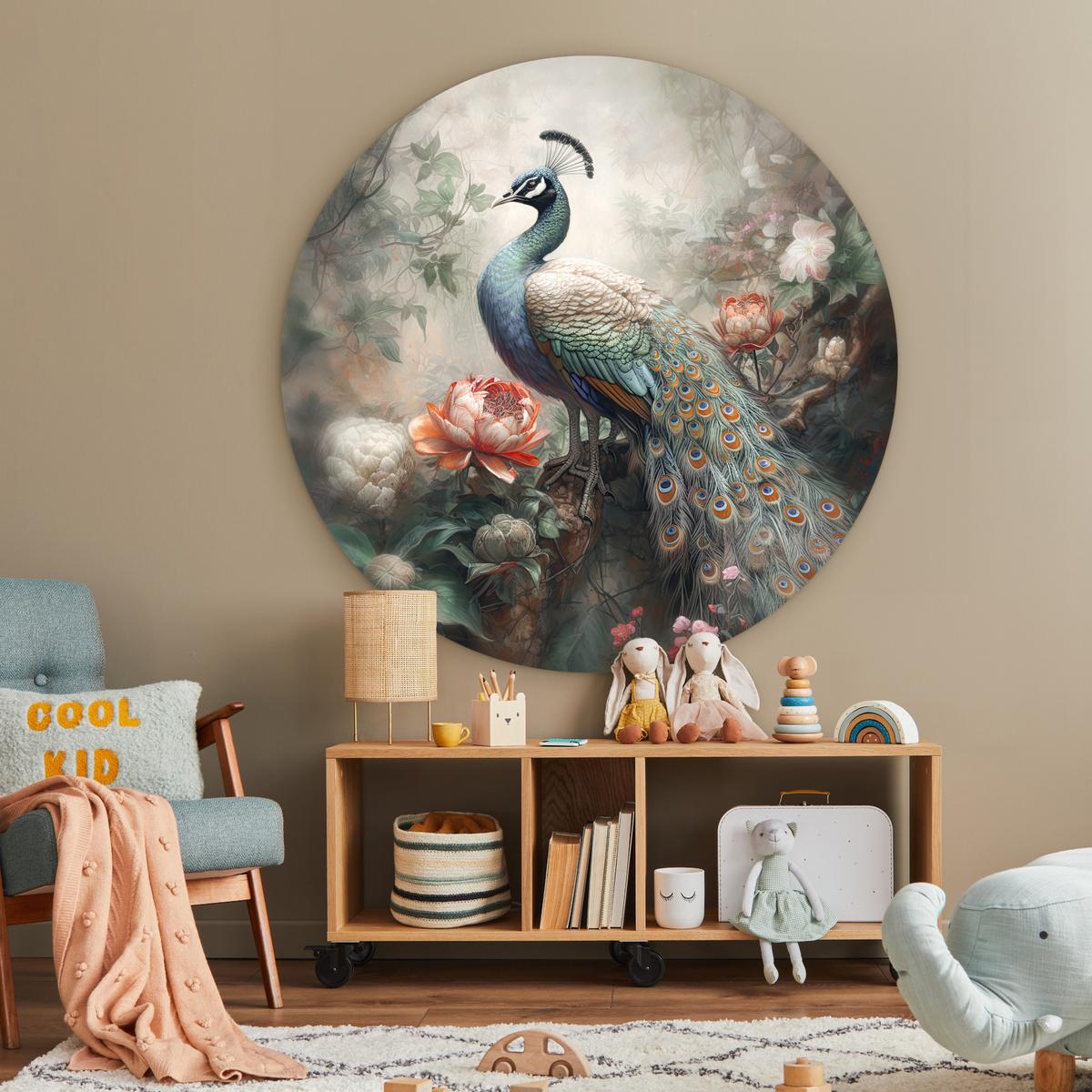 WANDBILD Pfau - Pfauenfedern - Vogel - Dschungel - Blumen Wandbild 120x120 cm - Smaragdgrün, Kunststoff (120/120cm) - MuchoWow