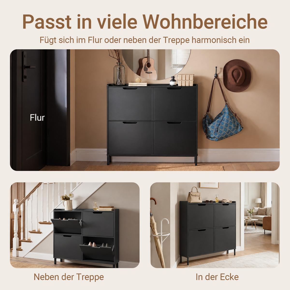 SCHUHSCHRANK schmal, nur 19 cm tief, schwarz, 4 Klappen, 8 Paar, bis EU 46, für Flur & hinter der Tür, 100x91x19 cm - Schwarz, Holzwerkstoff/Metall (100/91/19cm) - SoBuy