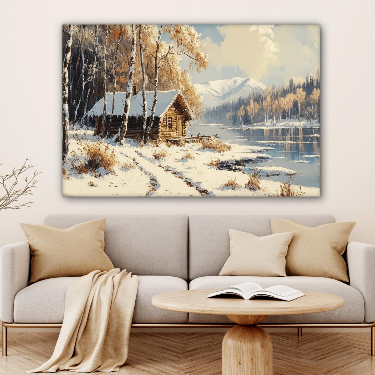 LEINWANDBILD Winter - Schnee - Zuhause - Natur Wohnzimmer Groß 120x80 cm - Hellbraun, Textil (120/80cm) - MuchoWow