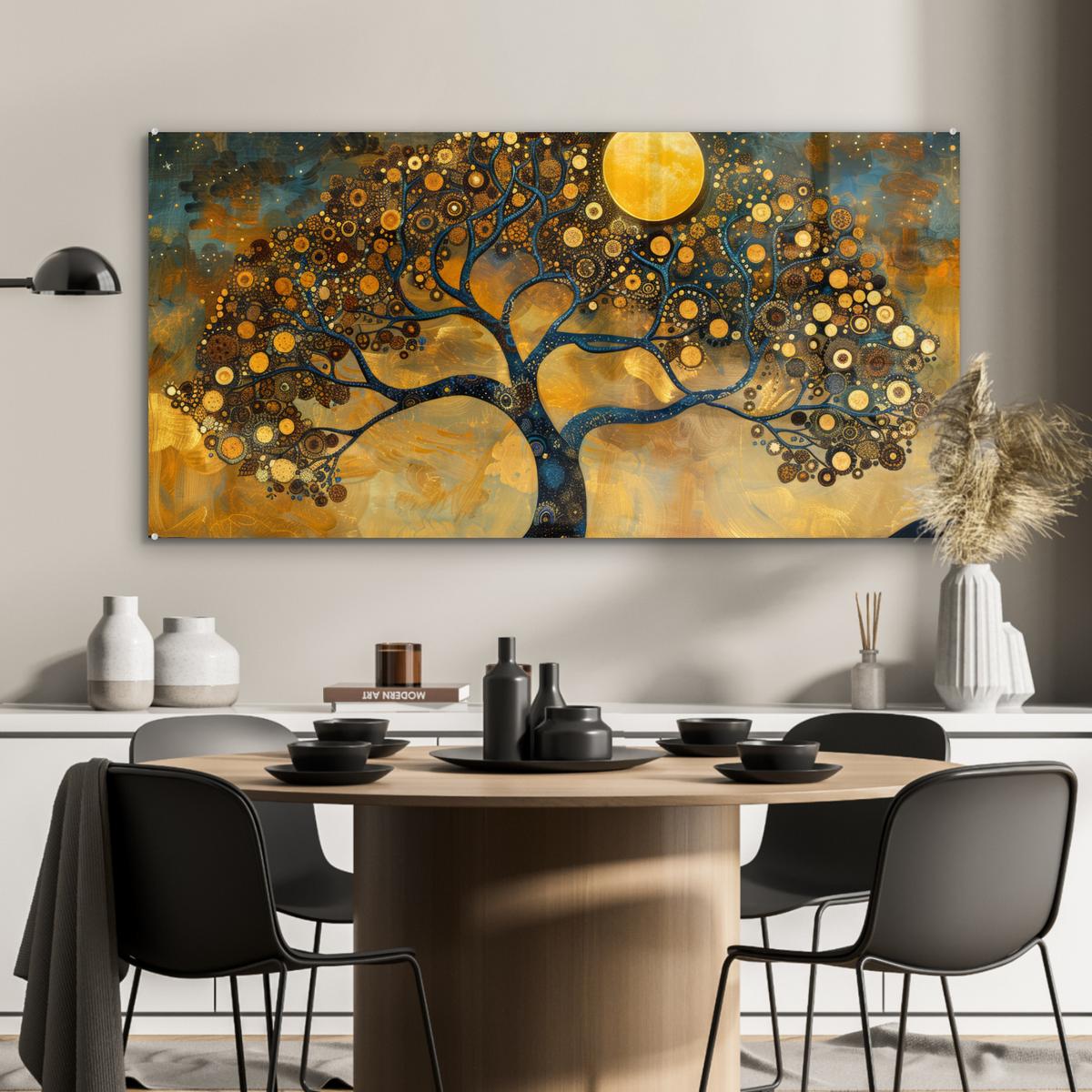 ACRYLGLASBILD Baum - Mond - Blumen - Gold - Kunst 120x60 cm - Orange, Glas (120/60cm) - MuchoWow