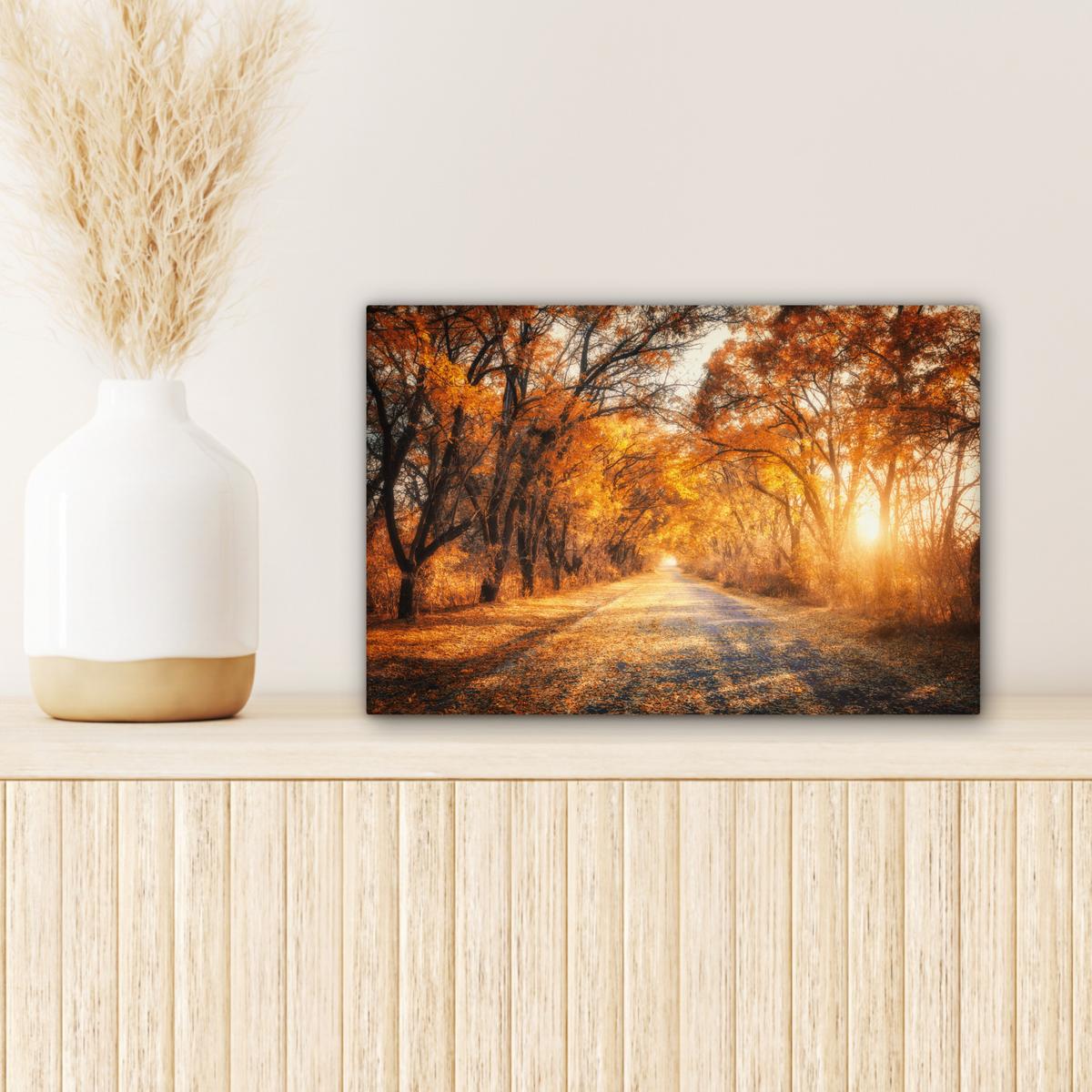 LEINWANDBILD Wald - Herbst - Bäume - Waldweg - Natur Deko Schlafzimmer 30x20 cm - Bernsteinfarben, Textil (30/20cm) - MuchoWow