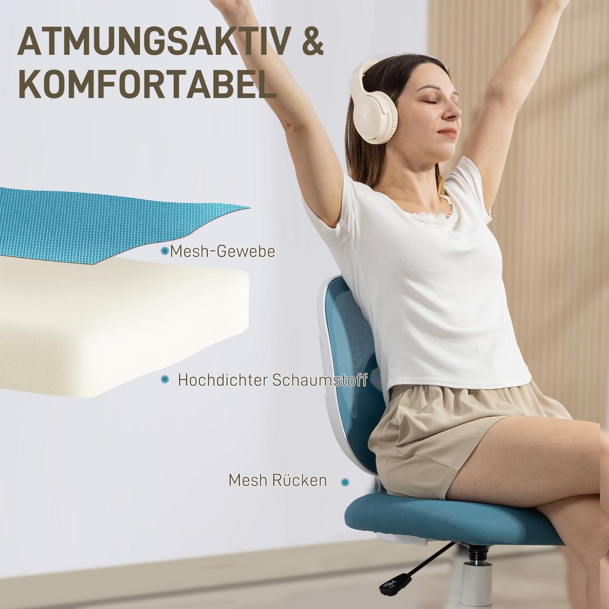 BÜROSTUHL Ergonomischer Schreibtischstuhl mit C-förmiger Rückenstütze, Blau - Blau/Weiß, Kunststoff/Textil (53/89/59.5cm) - HOMCOM