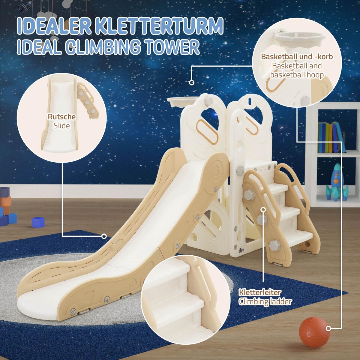 KINDERRUTSCHE 3 in 1 Kleinkinderrutsche mit Turm und Basketballkorb Weiß-Beige - Beige, Kunststoff (91/85.5/153cm) - Joyz