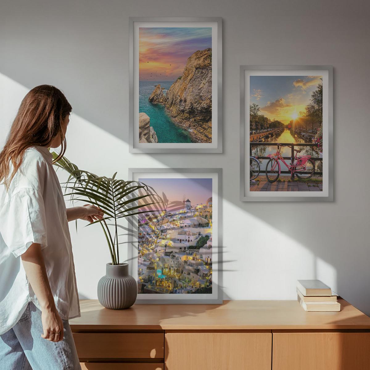 BILDER SET 3er Set - 40x60 cm Silberner Rahmen - Sonnenuntergang am Meer - Silberfarben, Kunststoff (40/60cm) - TULUP