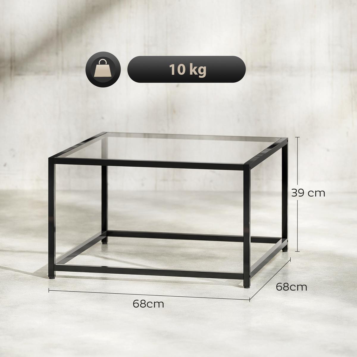 BEISTELLTISCH Quadratisch Nachttisch mit Hartglas-Tischplatte, Couchtisch - Schwarz, Metall (68/68/39cm) - HOMCOM