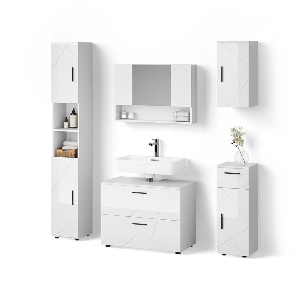 BADMÖBEL-SET Ronco Weiß Hochglanz 5 Teile - Weiß Hochglanz, Holzwerkstoff (41/80/58cm) - Livinity®