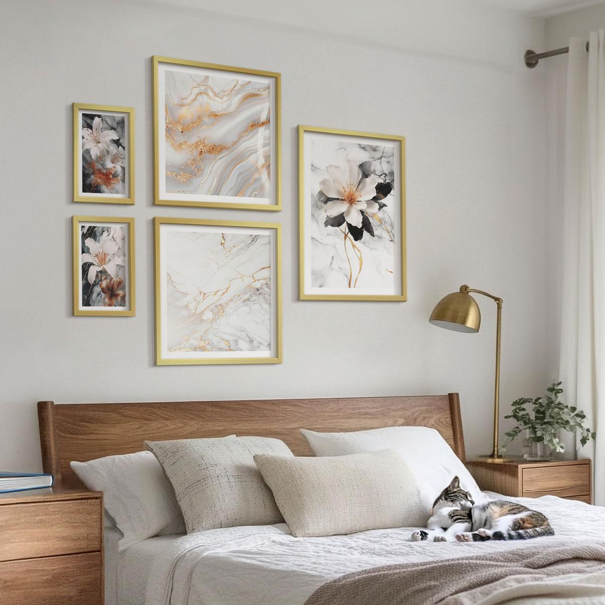 BILDER SET 5er Set - 50x50 cm & 20x30 cm & 40x60 cm Goldrahmen - Bilder mit blau-goldenen Mustern - Goldfarben, Kunststoff (40/60cm) - TULUP