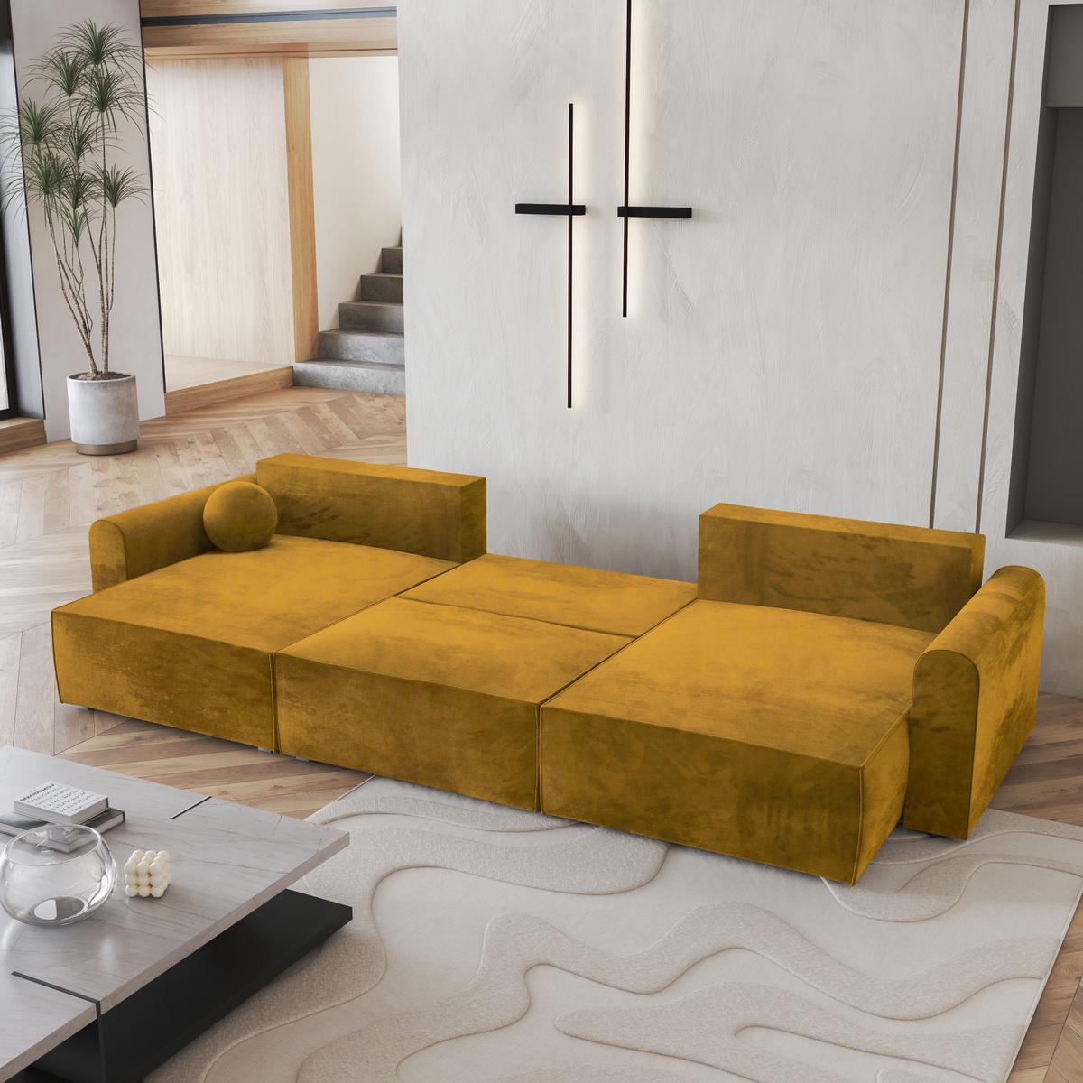WOHNLANDSCHAFT FENTO M Gelb Velours-Stoff mit Schlaffunktion - Gelb/Grau, Holz/Kunststoff (347/90/148cm) - MASSENO