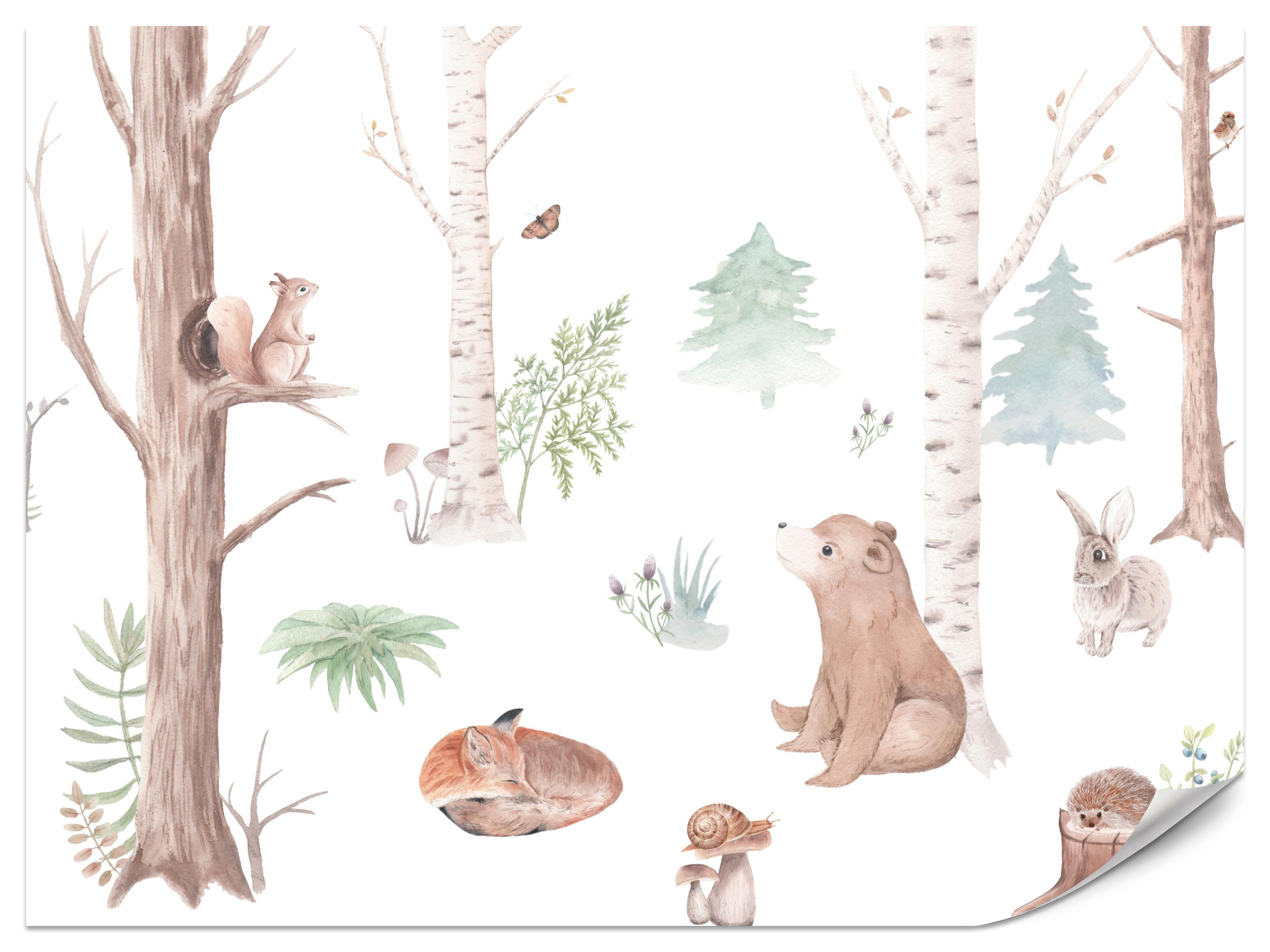 FOTOTAPETE für Kinderzimmer Wilde Waldtiere Aquarell Bäume 350x256 - Orange/Braun, Papier (350/256cm) - Muralo