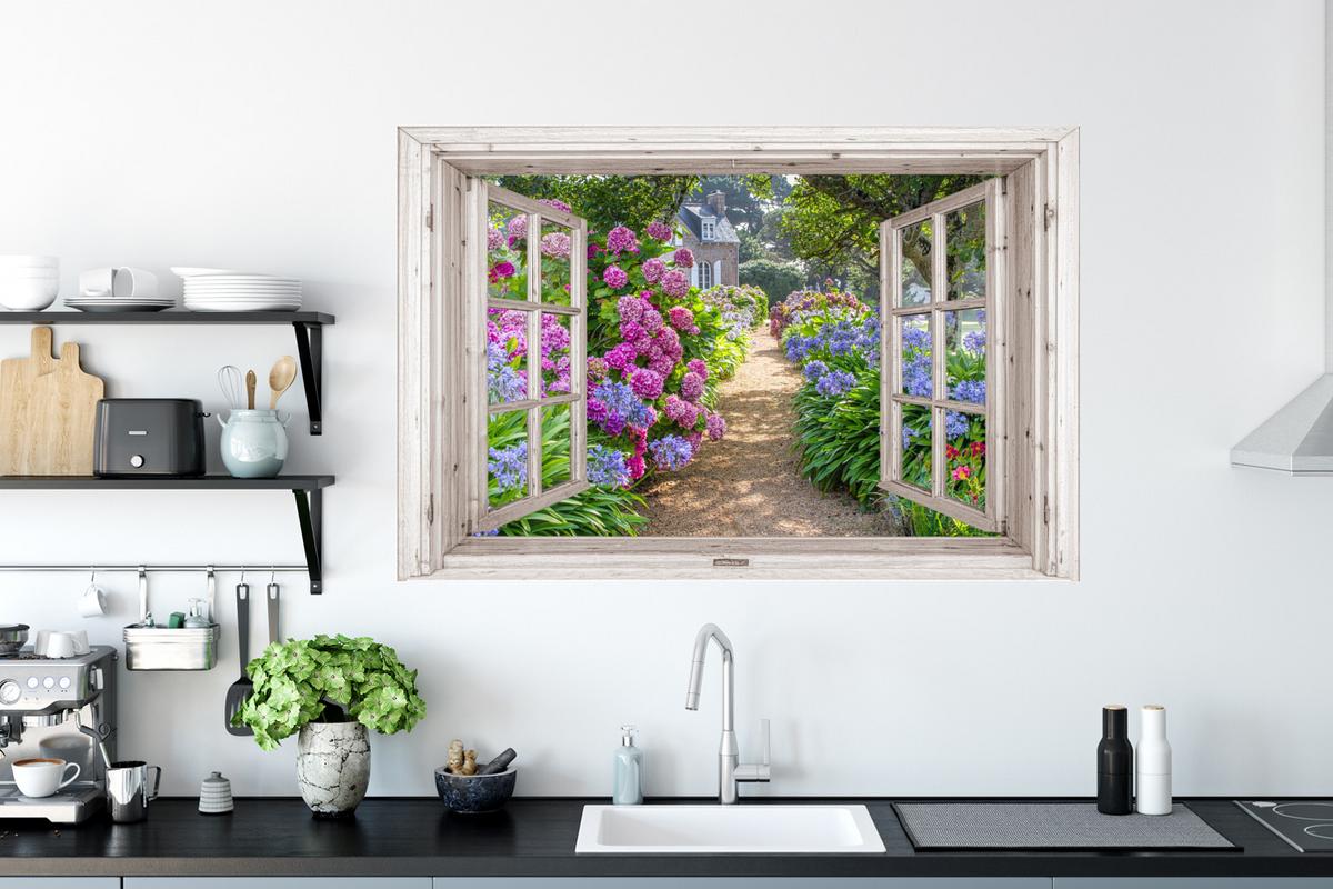 WANDTATTOO Hortensie - Durchsichtig - Blumen - Sommer - Lila - Weg Wandsticker 120x80 cm - Lila, Kunststoff (120/80/0.1cm) - MuchoWow