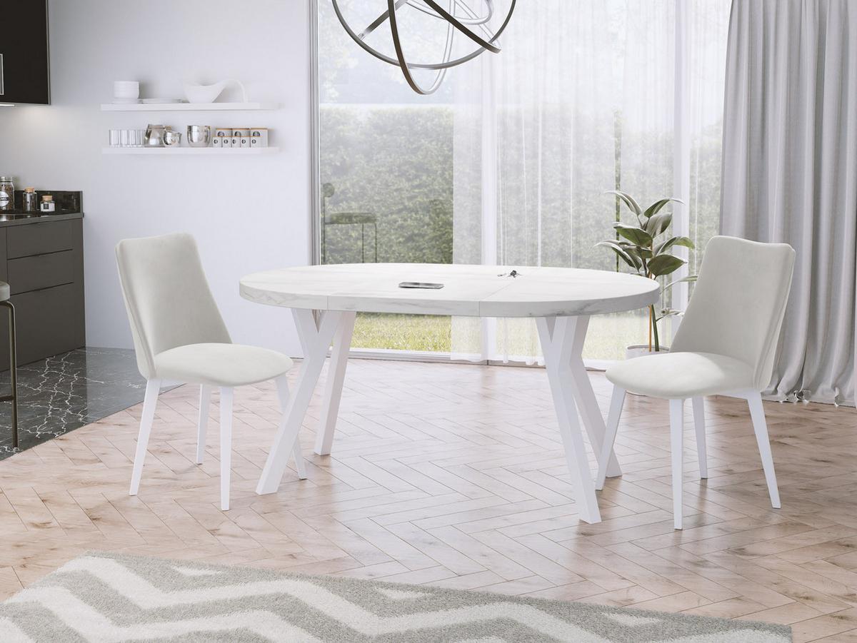 ESSTISCH Twixy runder ausziehbarer, Marmor Weiß 100-150/100/76 cm - Ecru/Weiß, Holz/Holzwerkstoff (100/150/76cm) - WFL GROUP