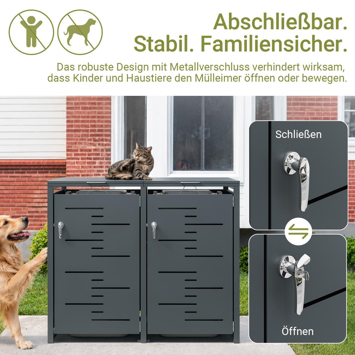 MÜLLTONNENBOX 2er 480L Metall Mülltrennung 134,2x116,2x80,2 cm - Dunkelgrau, Metall (134/116/80cm) - SoBuy